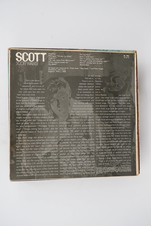 Twenty-three Scott Walker and the Walker Brothers LP record albums, including; Scott, Scott 3, Scott 4, ‘til the band comes in, The Moviegoer, Sings Jaqueline Brel, etc. Portrait and two further copies (all with photo in